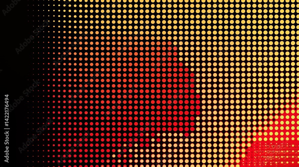Aufkleber close up of a red and yellow background with a black outline. the dots are very close together and t