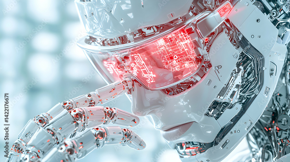 Poster futuristic robot with glowing red visor and intricate mechanical details. suggests advanced technolo