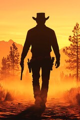 Silhouette of Cowboy at Sunset with Revolver in Wild West Landscape