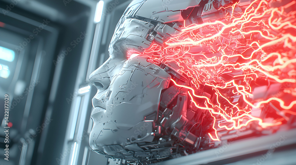 Poster a futuristic robotic head with red energy flowing. this image could illustrate advanced ai or a tech