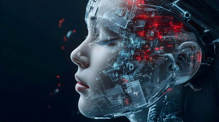 Futuristic cyborg woman with glowing circuit patterns overlaying her face. Perfect for tech art digital media science fiction covers.