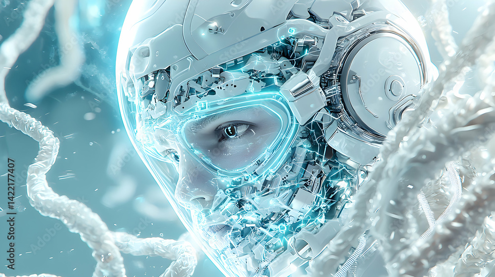 Poster futuristic image of a person with augmented reality interface. suggesting a cyborg or high-tech medi