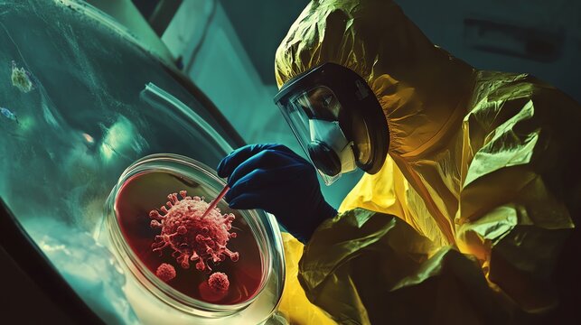 Scientist in Hazmat Suit Researching Virus with Petri Dish and Swab