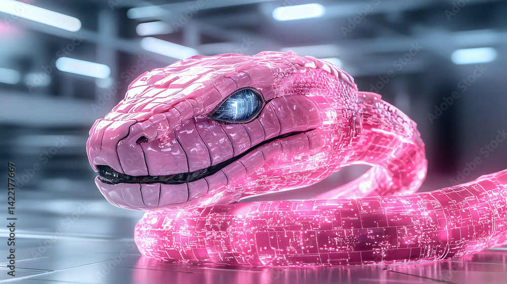 Poster a futuristic pink snake with glowing circuitry. a cool sci-fi concept for computer design or creativ