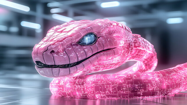 A futuristic pink snake with glowing circuitry. A cool sci-fi concept for computer design or creative artwork. The snake looks advanced and artificial.