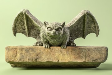 Fototapeta premium Stone gargoyle bat sculpture sits atop a ledge.