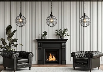 Cozy Black Leather Chairs with Stylish Lighting and Modern Fireplace
