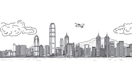 Obraz premium Hand-drawn Hong Kong skyline, airplane in sky, city background