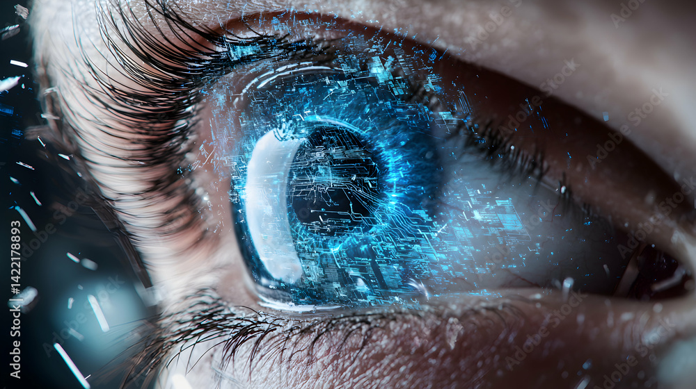 Aufkleber an eye enhanced with digital circuits. a futuristic or science fiction theme. excellent for use in t