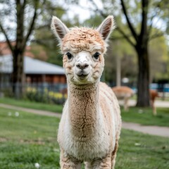 Obraz premium Cute Baby Alpaca Stands in Green Pasture Surrounded by Trees in Bright Daylight