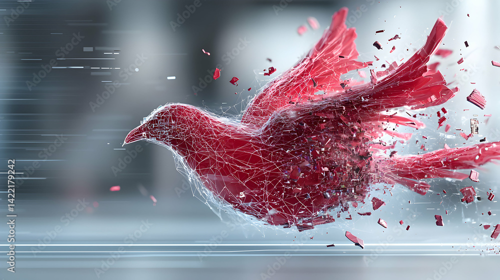 Poster a digital art piece depicts a red bird seemingly disintegrating showcasing a technological theme sui