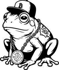  Crypto Frog: A cool frog sporting a cap and chain, embodying the essence of digital currency with a Bitcoin symbol, blending hip-hop aesthetics and cryptocurrency
