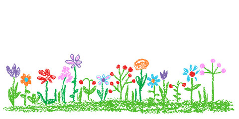 Like kids hand drawn crayon colorful funny flowers, green grass scene. Cute spring and summer cartoon meadow, field, lawn, nature outdoor. Vector doodle pastel chalk or pencil bright background banner