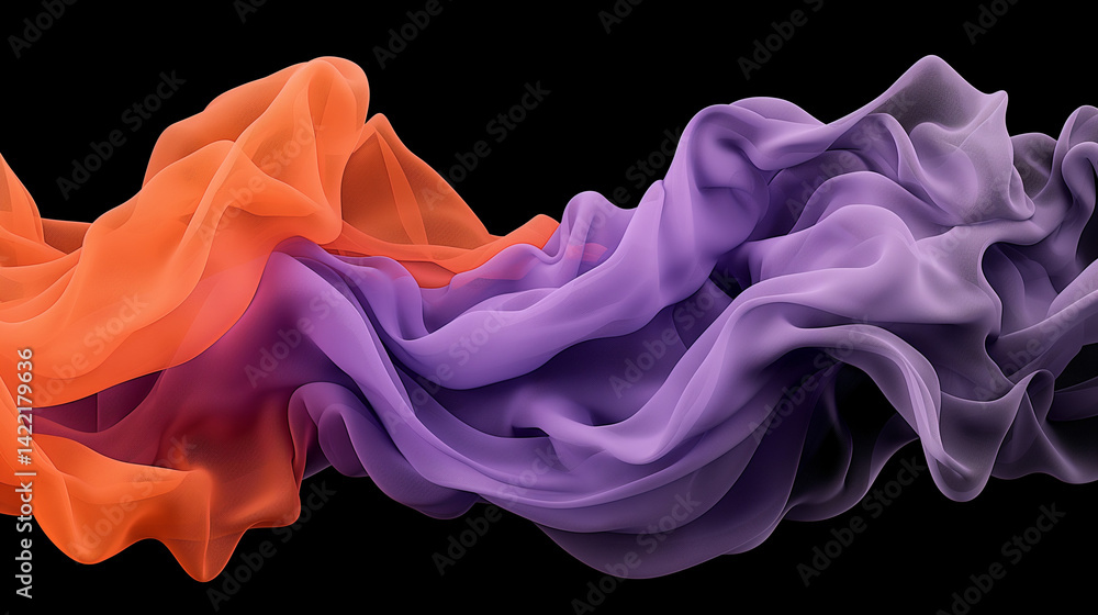 Poster flowing fabrics in orange and purple tones against a dark backdrop creating a dynamic abstract desig