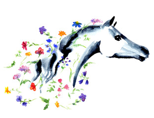 Watercolor or ink hand drawn elegant Arabian horse head with wild flowers on white. Hand painting beauty romantic Japanese style vector silhouette