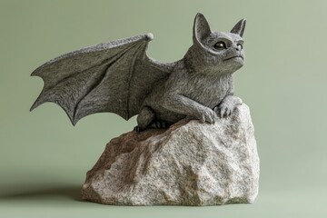 Grey stone gargoyle sculpture of a bat-cat creature.