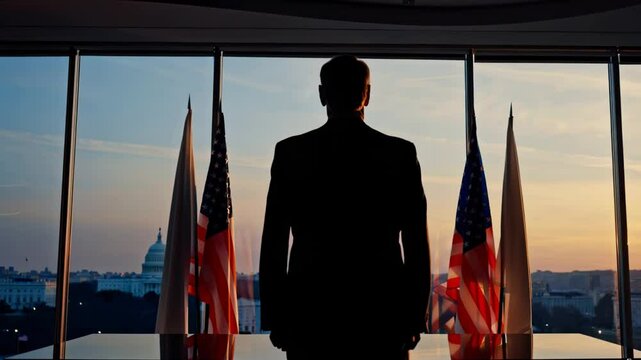 silhouette fo president of united states looking out the window 
