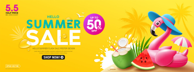 Summer sale banner, pink flamingo float, coconut fruit, watermelon, coconut trees silhouette, yellow background design  © Sarunyu_foto