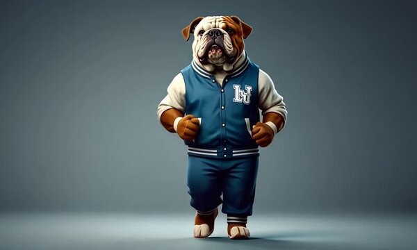 Bulldog dressed in a varsity jacket jogging forward