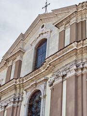 Close-up of the facade of the Church of the Immaculate Conception of the Blessed Virgin Mary, also called Church of Santa Maria Maggiore or Baroque Church of the Jesuits. Trieste, Italy, Europe