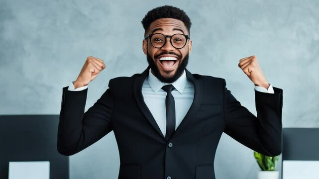 Happy young businessman celebrating success with confident smile in a modern office setting, showcasing professionalism and positivity
