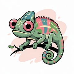 Obraz premium Vibrant Cartoon Illustration of a Chameleon Perched on a Branch in a Playful and Colorful Style