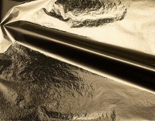 Gold metallic foil texture with a crumpled, folded surface. Shiny, glossy finish with light...