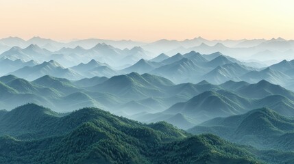 Fototapeta premium Cascading Mountain Range Serenity with Misty Layers and Tree Covered Peaks Under Dawn Sky Hues