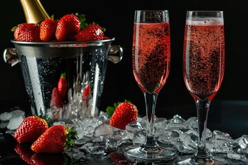 Elegant celebration with sparkling drink in champagne flutes alongside fresh roses and red berries creating a romantic atmosphere for a special occasion