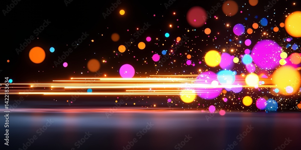 Fototapete Dark background with a long, colorful line of small circles. The circles are of various sizes and colors, creating a vibrant and dynamic scene. Scene is energetic and lively