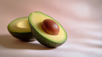 Ripe avocado halves on soft pink background