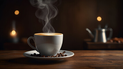 Steaming coffee cup on a saucer with scattered coffee beans placed on a rustic wooden surface against a dark backdrop