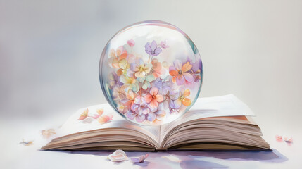 Glass sphere with pastel flowers on open book in soft light