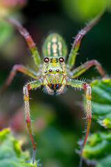 Fototapeta premium Macro shot of green spider with sharp focus on eyes and hairs