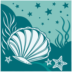 Seashell and stars on teal background for spiritual concepts