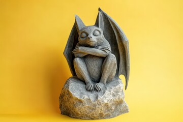Obraz premium Grey stone gargoyle figure, perched on a rock.