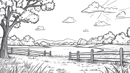 Hand-drawn sketch of a serene rural landscape with a pond and trees.  Possible use Stock photo for nature, serenity, or education