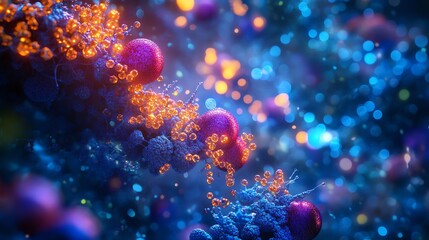 Vibrant Abstract Molecular Structure with Glowing Spheres and Particle Ornaments