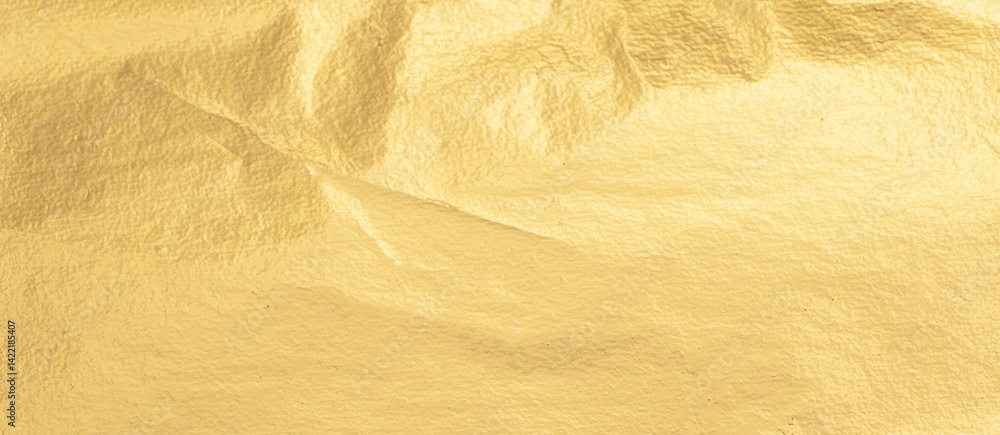 Poster gold metallic foil texture with a crumpled, smooth surface. shiny, bright material in warm yellow to