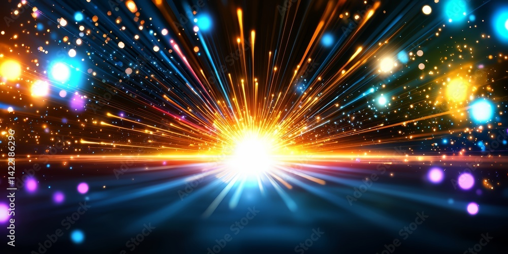 Poster colorful explosion of light and color with a bright sun in the center. the sky is filled with a vari