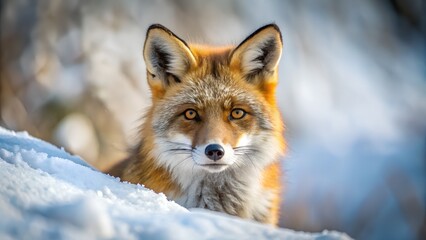 Obraz premium Close-up of A red fox on snow covered land. Generative AI.
