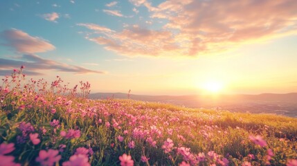 Stunning sunset over a vibrant field of wildflowers.