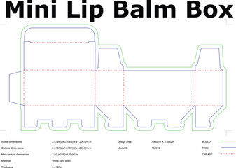 Die cut template for mini lip balm box packaging with dimensions and layout guide