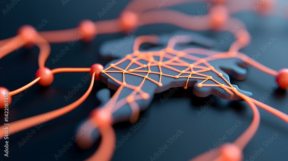 Poster global network connection: orange lines and spheres on dark background
