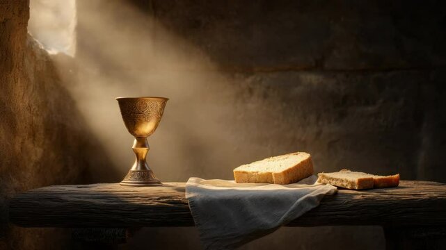 Golden chalice with bread on a wooden table illuminated by soft natural light in a rustic setting