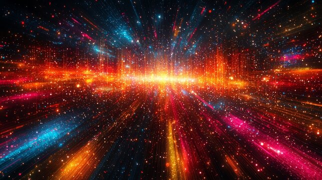 Colorful galaxy with a bright orange star in the center. The stars are scattered throughout the galaxy, with some being closer together and others further apart