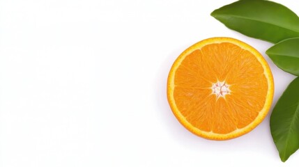 Freshly cut orange slice with vibrant color and green leaves on white background
