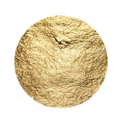 Golden circular foil shape with a glossy, metallic texture creates a sleek, modern design. Wrinkled...