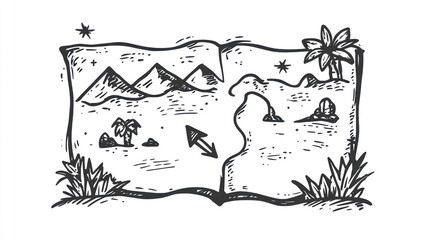Hand-drawn treasure map with mountains, palm trees, and islands. Background adventure. Possible use stock image