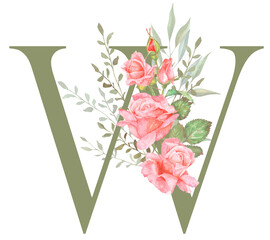Hand painted watercolor floral alphabet - letter W. The letter of the alphabet is olive colored and decorated with watercolor roses. Wedding, birthday, children's party, any creative ideas.